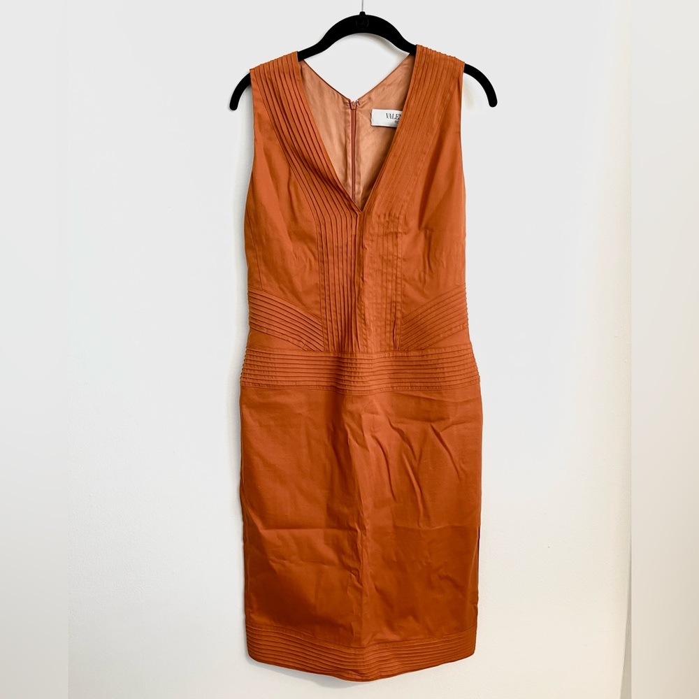 VALENTINO ROMA Burnt Orange Deep V-Neck Pleated Sheath Designer Dress | Size 6